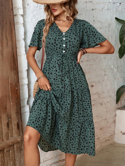Clasi Dalmatian Print Knot Front Ruffle Hem Dress Maxi Women Outfit