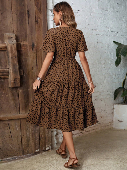 Clasi Dalmatian Print Knot Front Ruffle Hem Dress Maxi Women Outfit