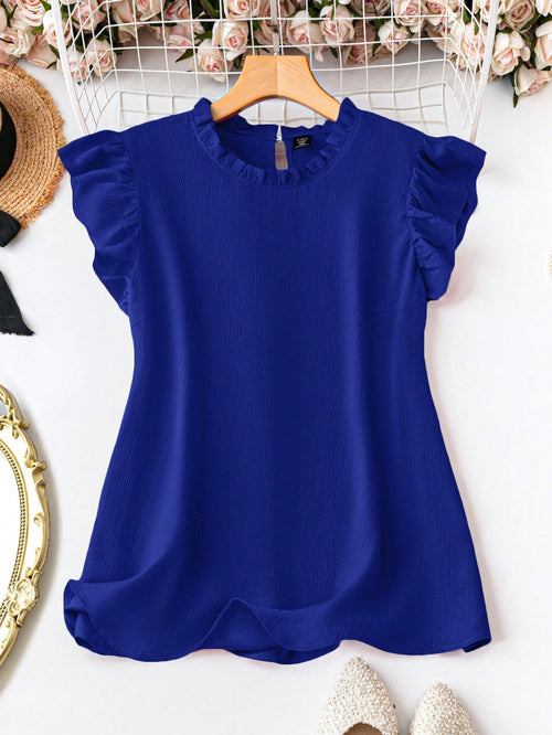 Clasi Plus Size Solid Color Stand Collar Ruffle Hem Elegant Office Shirt