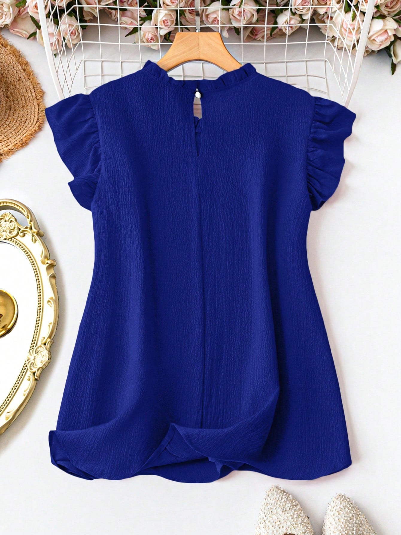 Clasi Plus Size Solid Color Stand Collar Ruffle Hem Elegant Office Shirt