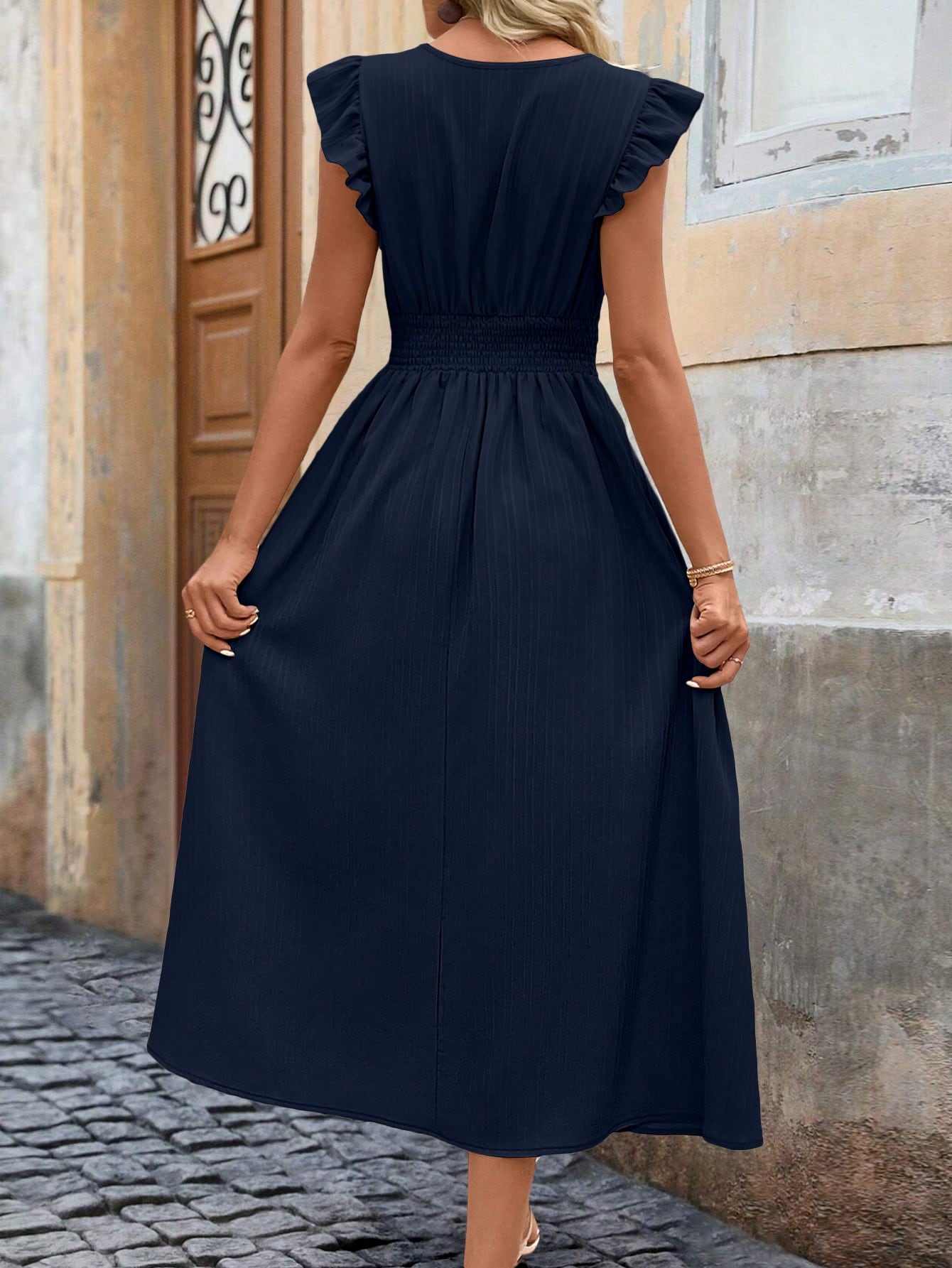 Clasi Ruffle Trim Ruched Waist Midi Dress For Summer Maxi Women Outfit