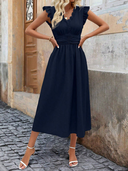 Clasi Ruffle Trim Ruched Waist Midi Dress For Summer Maxi Women Outfit