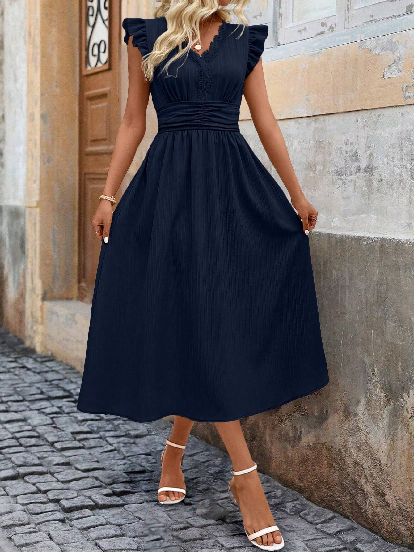 Clasi Ruffle Trim Ruched Waist Midi Dress For Summer Maxi Women Outfit