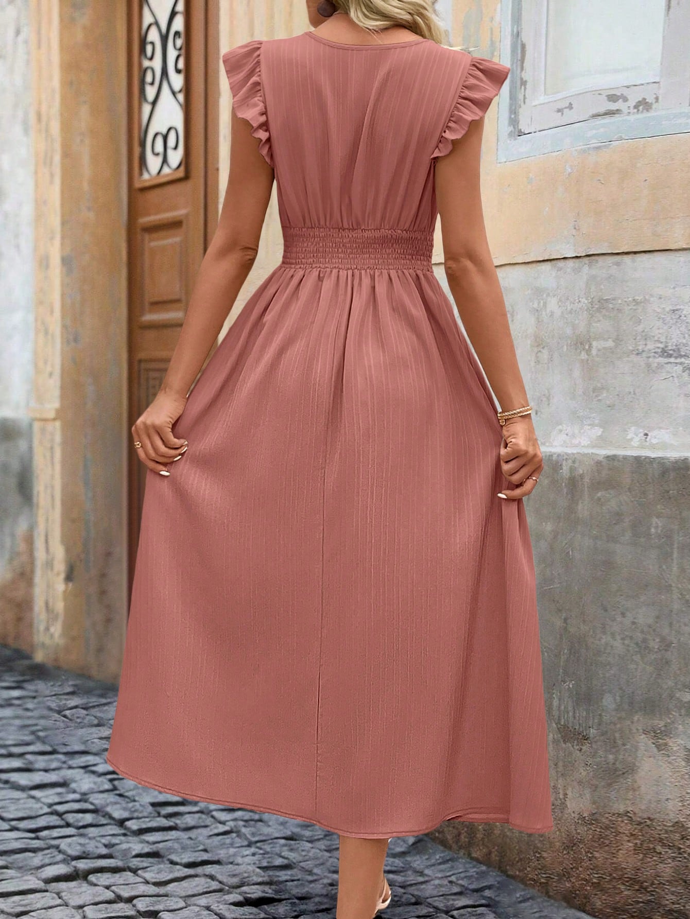 Clasi Ruffle Trim Ruched Waist Midi Dress For Summer Maxi Women Outfit