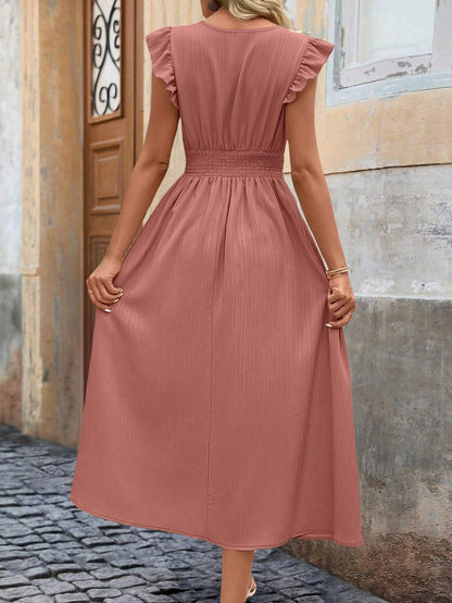 Clasi Ruffle Trim Ruched Waist Midi Dress For Summer Maxi Women Outfit
