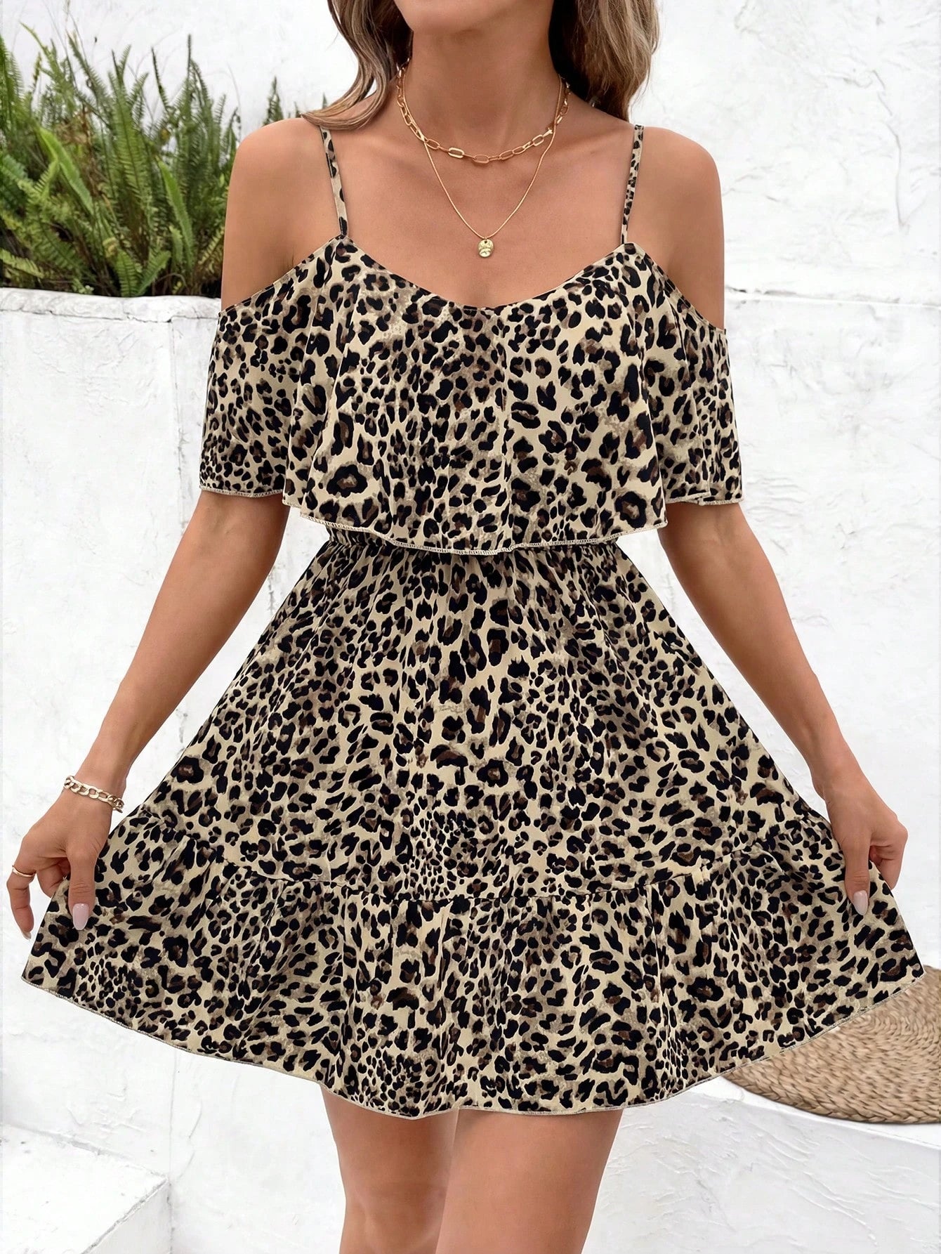Clasi Women's Elegant Brown Leopard Print Off-Shoulder Ruffle V-Neck Waist A-Line Short Dress For Women Vacation Cheetah Animal Cold Shoulder