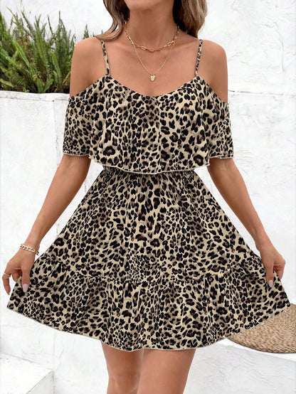 Clasi Women's Elegant Brown Leopard Print Off-Shoulder Ruffle V-Neck Waist A-Line Short Dress For Women Vacation Cheetah Animal Cold Shoulder