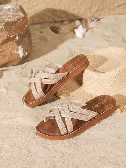 Classic French Romantic Braided Strap Women's Wide-Width Sandals, Minimalist Roman Style, Comfortable Breathable Lightweight Open-Toe Design, Suitable For Indoor/Outdoor, Beach, Daily Wear, Plus Size
