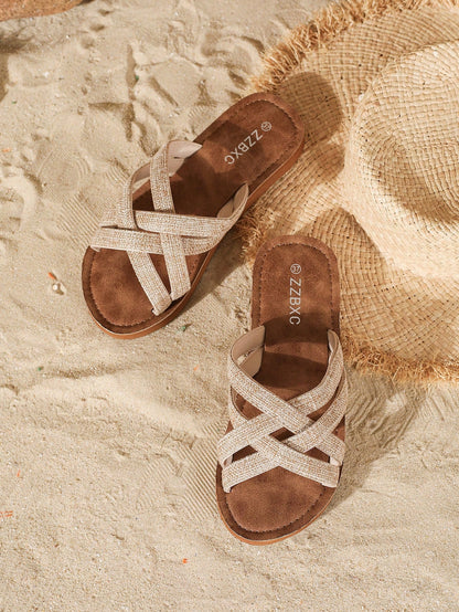Classic French Romantic Braided Strap Women's Wide-Width Sandals, Minimalist Roman Style, Comfortable Breathable Lightweight Open-Toe Design, Suitable For Indoor/Outdoor, Beach, Daily Wear, Plus Size