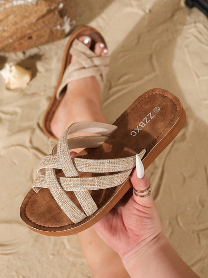 Classic French Romantic Braided Strap Women's Wide-Width Sandals, Minimalist Roman Style, Comfortable Breathable Lightweight Open-Toe Design, Suitable For Indoor/Outdoor, Beach, Daily Wear, Plus Size