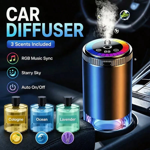 Colorful Music-Synced Car Essential Oil Humidifier Diffuser, Ultrasonic Wide-Angle All-Around Car Mist, Starry Sky Projection Light, Automatic Start And Stop, Three Adjustable Mist Levels, High-Qualit