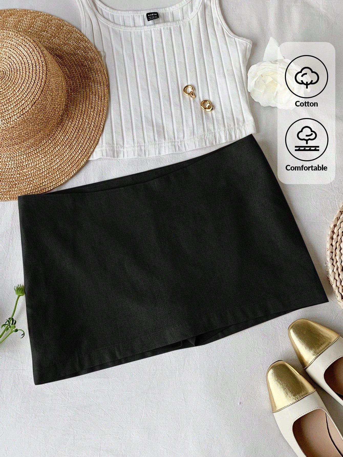 Comfortcana Autumn Linen Mini Low Waist Skirt Work Black Basic