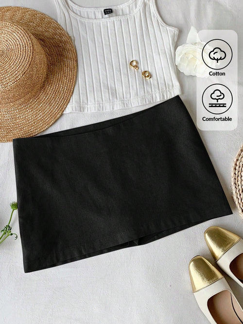 Comfortcana Autumn Linen Mini Low Waist Skirt Work Black Basic