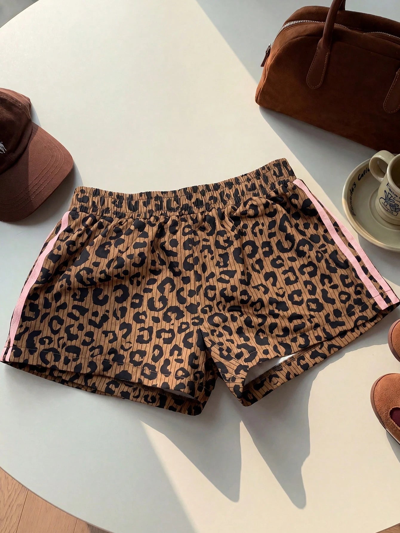 Comfortcana Women's Summer Casual Leopard Print Striped Elastic Waist Shorts Vacation Work Dark Brown