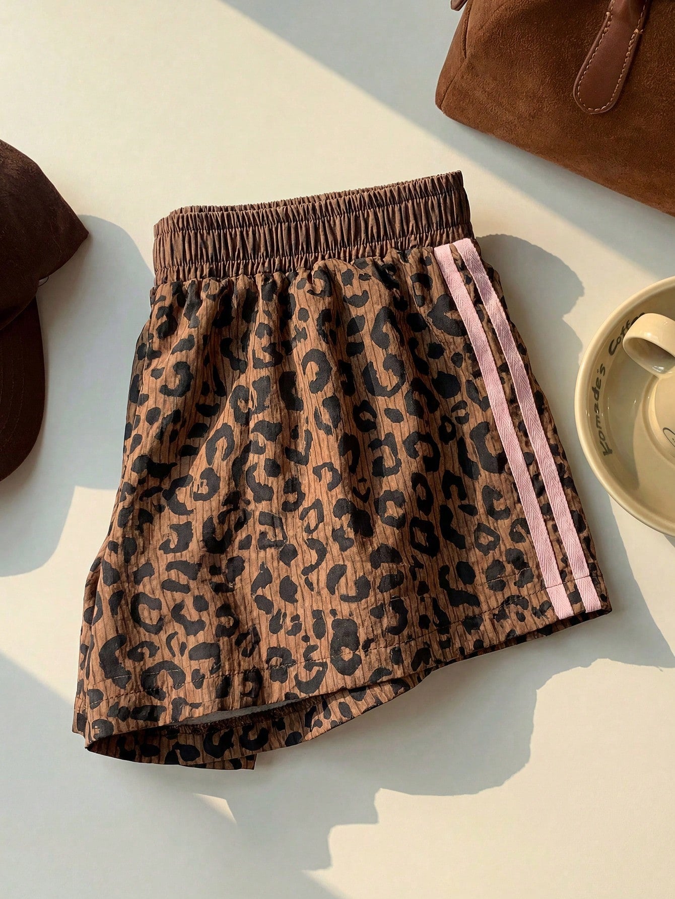 Comfortcana Women's Summer Casual Leopard Print Striped Elastic Waist Shorts Vacation Work Dark Brown