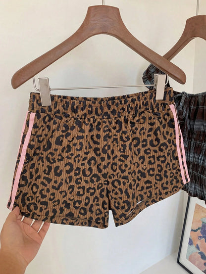 Comfortcana Women's Summer Casual Leopard Print Striped Elastic Waist Shorts Vacation Work Dark Brown