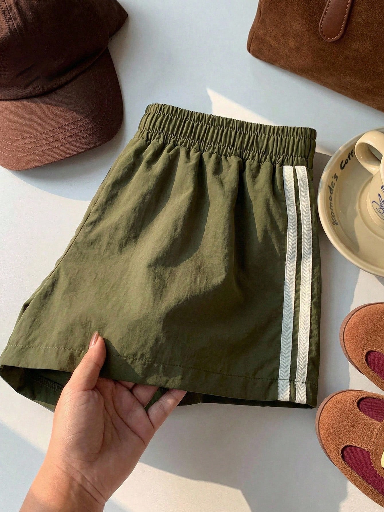 Comfortcana Women's Summer Casual Leopard Print Striped Elastic Waist Shorts Vacation Work Dark Brown