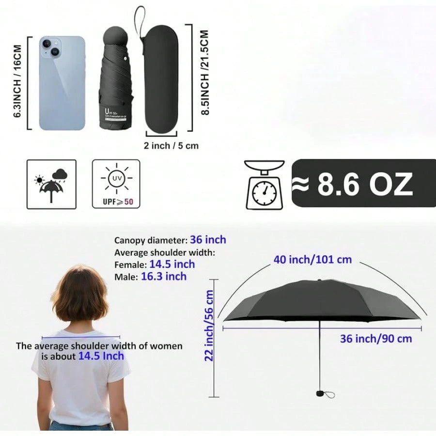 Compact Umbrella With Case| UPF 50+ Sun Defense, Lightweight, 6 Reinforced Ribs| Tiny Pocket Umbrella For Purse Or Bag, Women Kids,Travel, Outdoor