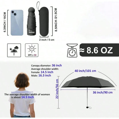 Compact Umbrella With Case| UPF 50+ Sun Defense, Lightweight, 6 Reinforced Ribs| Tiny Pocket Umbrella For Purse Or Bag, Women Kids,Travel, Outdoor