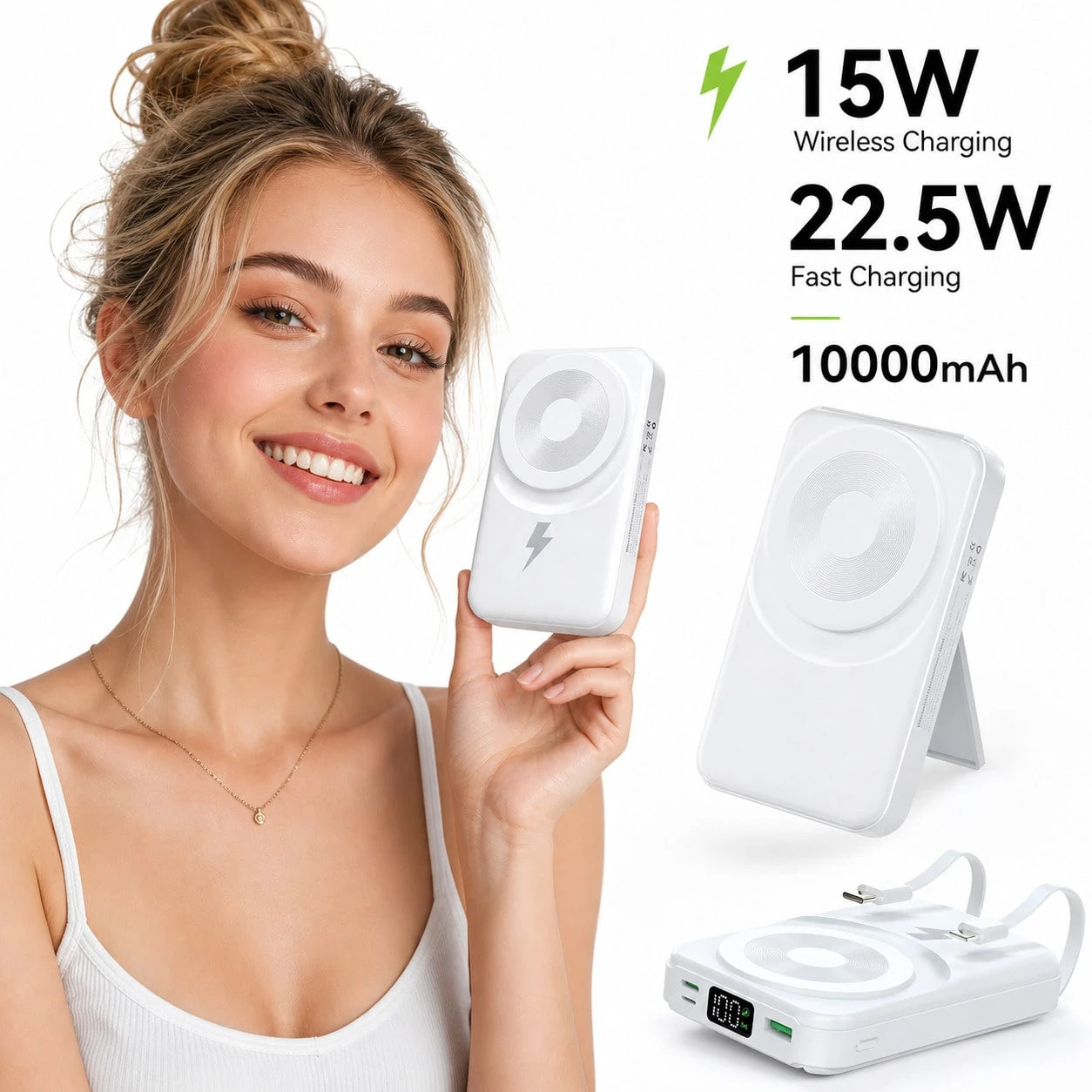 Compact White 10000mAh Magnetic Battery Pack With 15W Wireless And 22.5W Charging Output, Featuring An LED Status Readout, Magnetic Alignment Circle And Folding Support For Daily Use, Compatible With