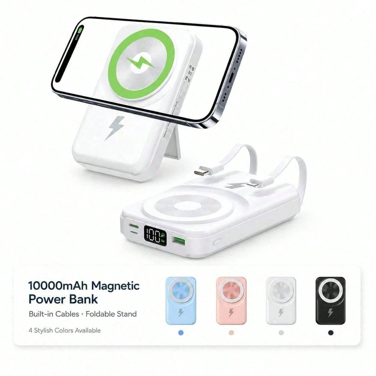 Compact White 10000mAh Magnetic Battery Pack With 15W Wireless And 22.5W Charging Output, Featuring An LED Status Readout, Magnetic Alignment Circle And Folding Support For Daily Use, Compatible With
