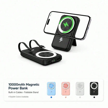 Compact White 10000mAh Magnetic Battery Pack With 15W Wireless And 22.5W Charging Output, Featuring An LED Status Readout, Magnetic Alignment Circle And Folding Support For Daily Use, Compatible With