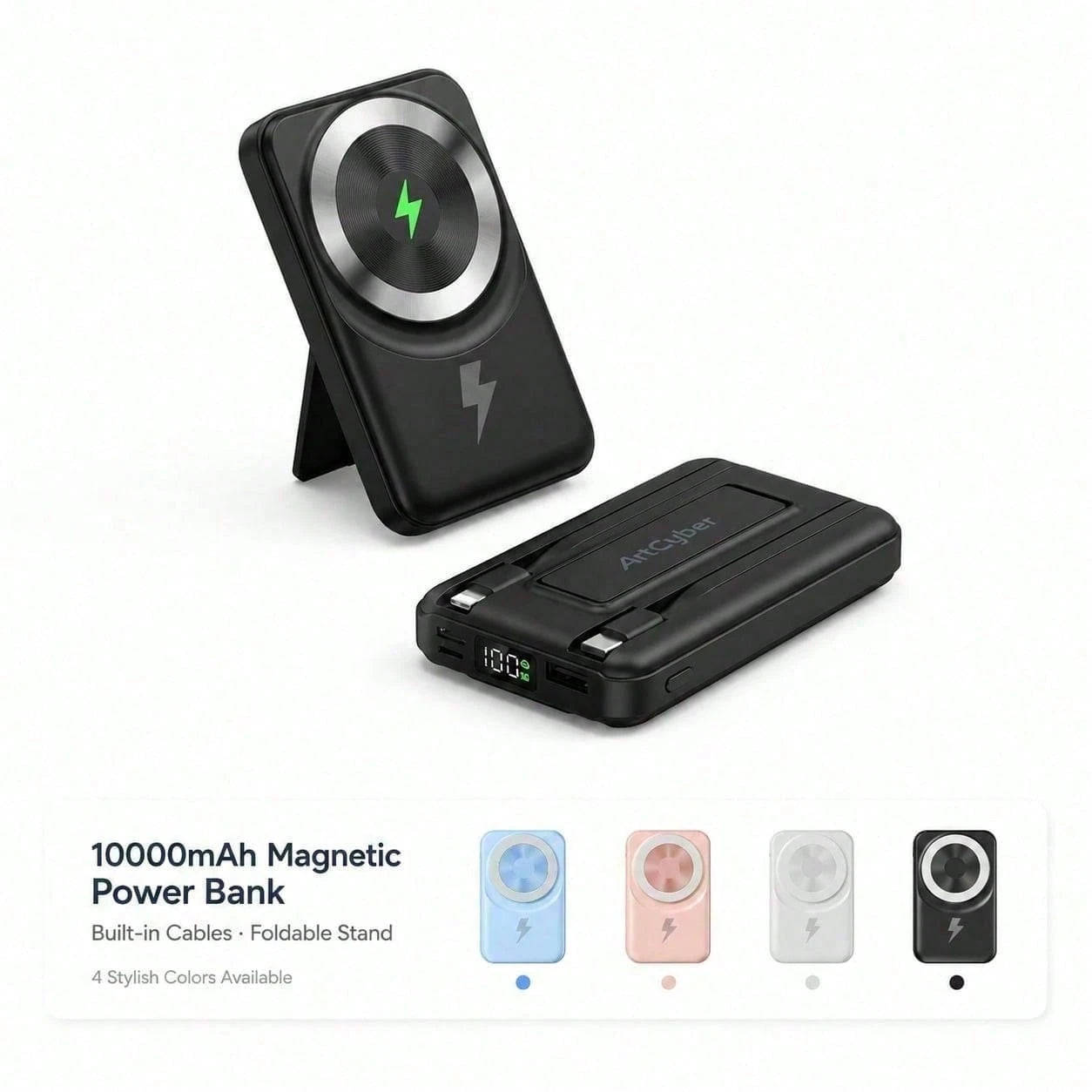 Compact White 10000mAh Magnetic Battery Pack With 15W Wireless And 22.5W Charging Output, Featuring An LED Status Readout, Magnetic Alignment Circle And Folding Support For Daily Use, Compatible With