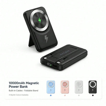 Compact White 10000mAh Magnetic Battery Pack With 15W Wireless And 22.5W Charging Output, Featuring An LED Status Readout, Magnetic Alignment Circle And Folding Support For Daily Use, Compatible With