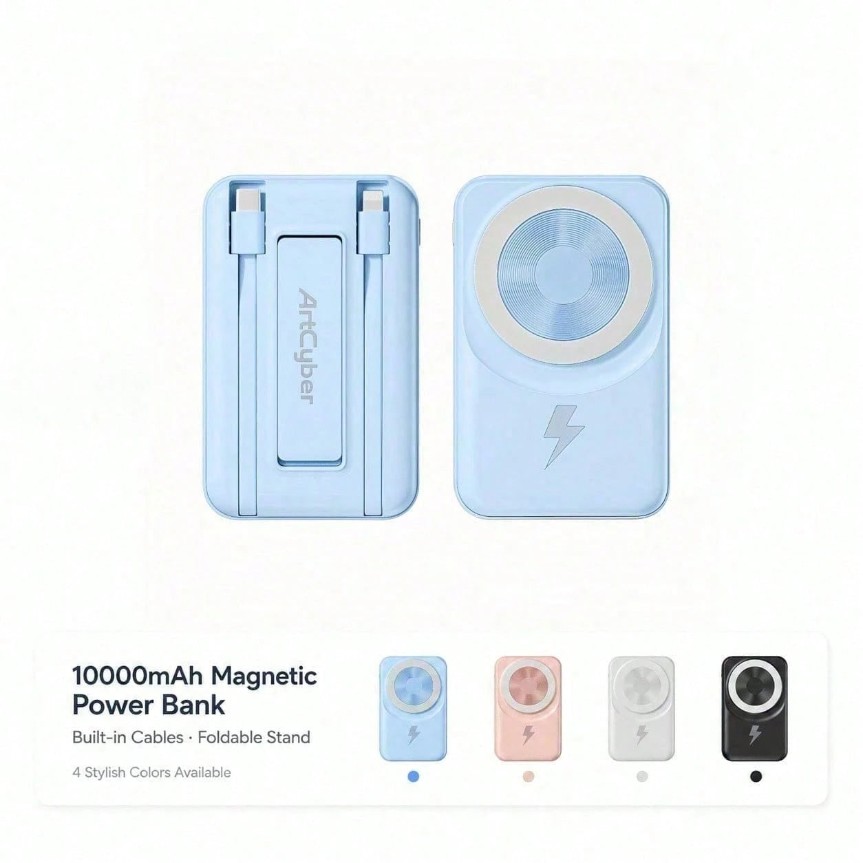 Compact White 10000mAh Magnetic Battery Pack With 15W Wireless And 22.5W Charging Output, Featuring An LED Status Readout, Magnetic Alignment Circle And Folding Support For Daily Use, Compatible With