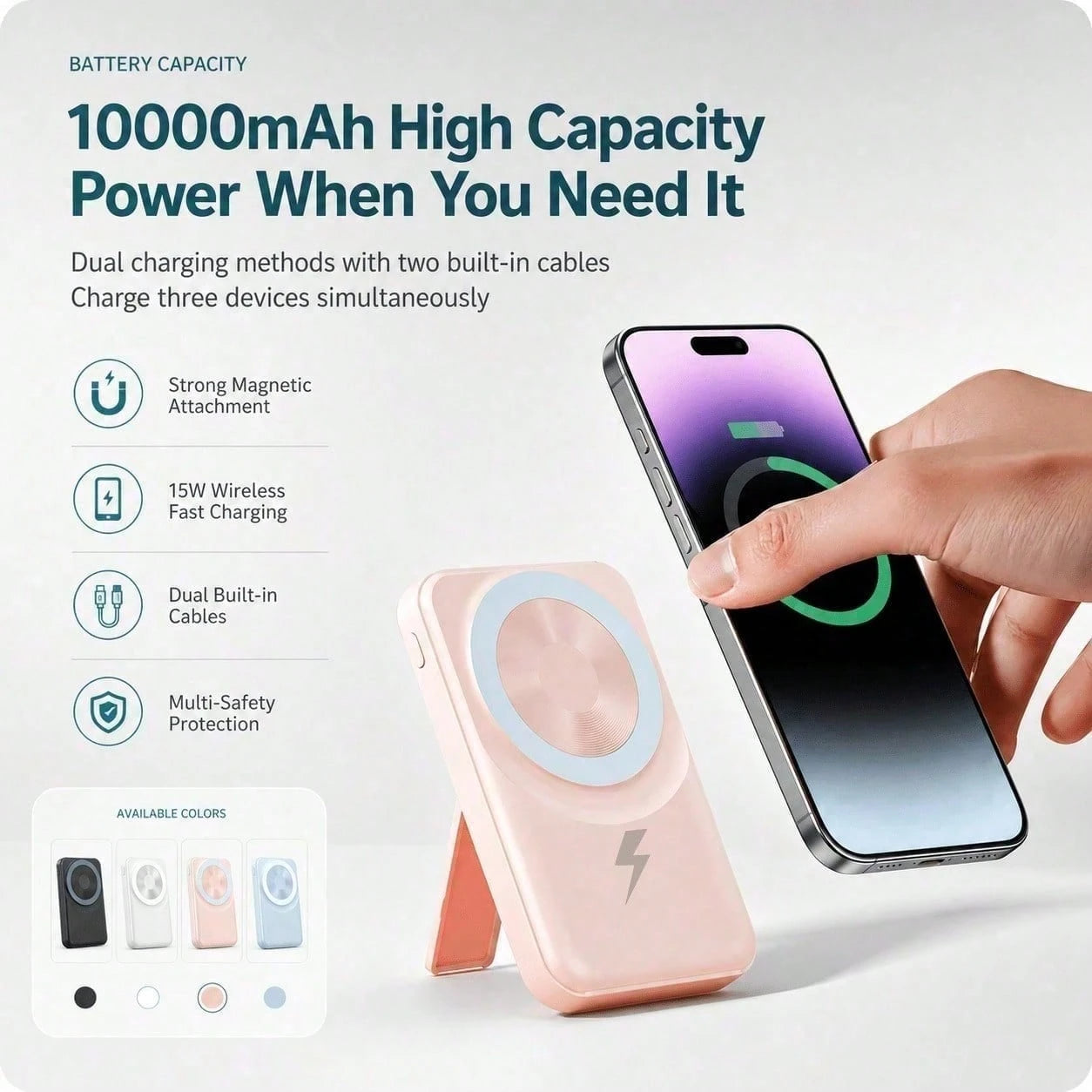 Compact White 10000mAh Magnetic Battery Pack With 15W Wireless And 22.5W Charging Output, Featuring An LED Status Readout, Magnetic Alignment Circle And Folding Support For Daily Use, Compatible With