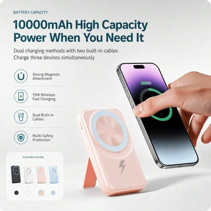 Compact White 10000mAh Magnetic Battery Pack With 15W Wireless And 22.5W Charging Output, Featuring An LED Status Readout, Magnetic Alignment Circle And Folding Support For Daily Use, Compatible With