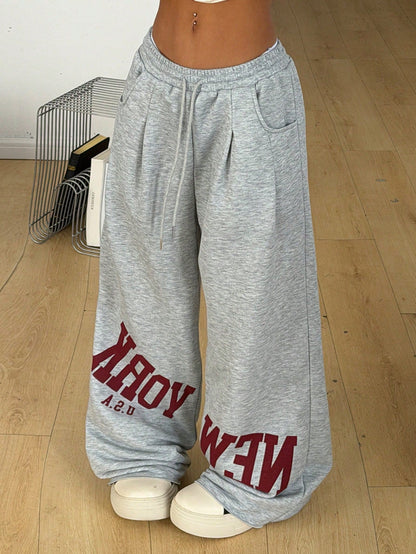 Coolane Autumn For Women Streetwear Elegant Sporty Going Out Airport Gym Y2K Casual Daily Wear Sportswear Grey Graphic Wide Leg Pants Back-To-School