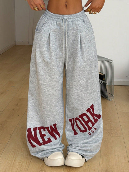 Coolane Autumn For Women Streetwear Elegant Sporty Going Out Airport Gym Y2K Casual Daily Wear Sportswear Grey Graphic Wide Leg Pants Back-To-School