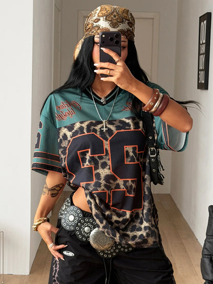 Coolane Women's Men's Plus Size Summer Fall Streetwear Vintage Game Day Graduation Casual Mesh Oversized Leopard Print Green V-Neck Baseball Jersey T-Shirt