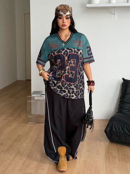 Coolane Women's Men's Plus Size Summer Fall Streetwear Vintage Game Day Graduation Casual Mesh Oversized Leopard Print Green V-Neck Baseball Jersey T-Shirt