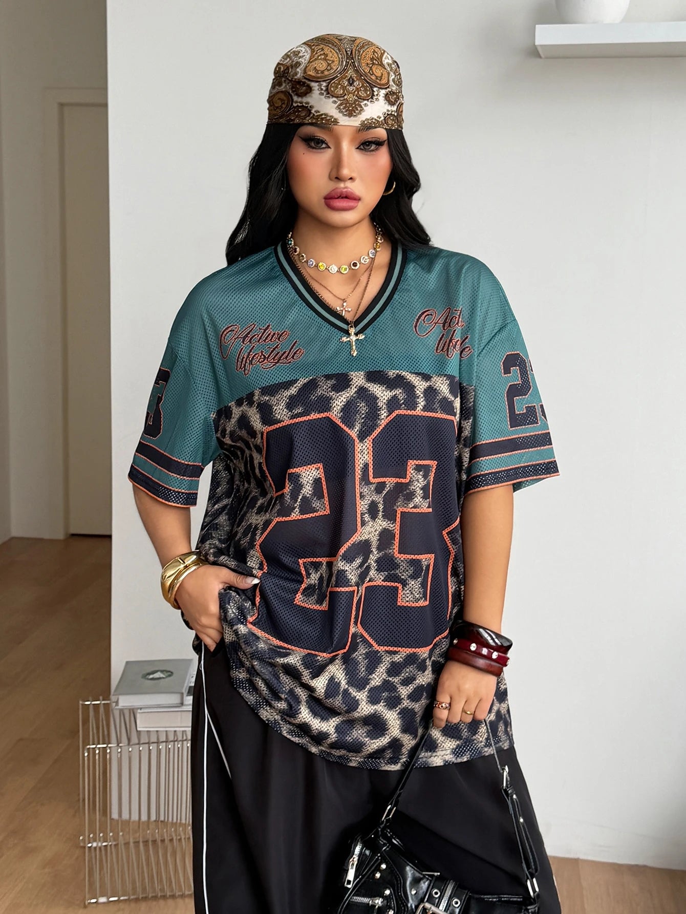 Coolane Women's Men's Plus Size Summer Fall Streetwear Vintage Game Day Graduation Casual Mesh Oversized Leopard Print Green V-Neck Baseball Jersey T-Shirt