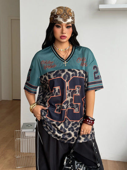 Coolane Women's Men's Plus Size Summer Fall Streetwear Vintage Game Day Graduation Casual Mesh Oversized Leopard Print Green V-Neck Baseball Jersey T-Shirt