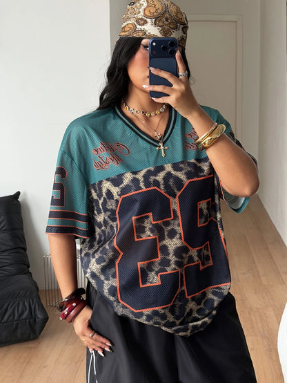 Coolane Women's Men's Plus Size Summer Fall Streetwear Vintage Game Day Graduation Casual Mesh Oversized Leopard Print Green V-Neck Baseball Jersey T-Shirt