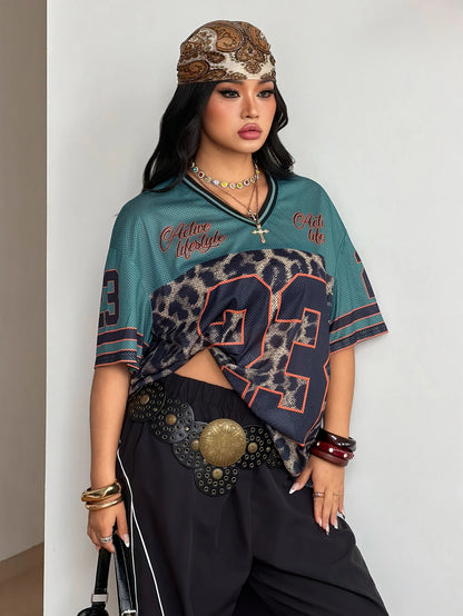Coolane Women's Men's Plus Size Summer Fall Streetwear Vintage Game Day Graduation Casual Mesh Oversized Leopard Print Green V-Neck Baseball Jersey T-Shirt