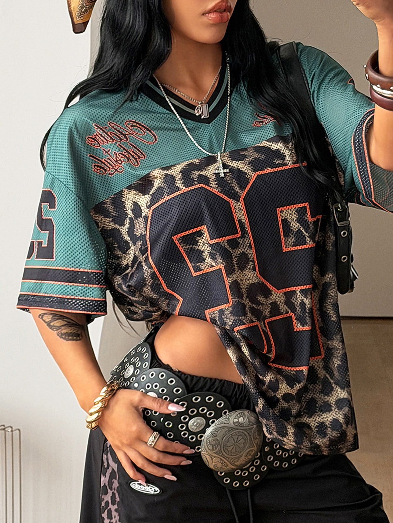Coolane Women's Men's Plus Size Summer Fall Streetwear Vintage Game Day Graduation Casual Mesh Oversized Leopard Print Green V-Neck Baseball Jersey T-Shirt