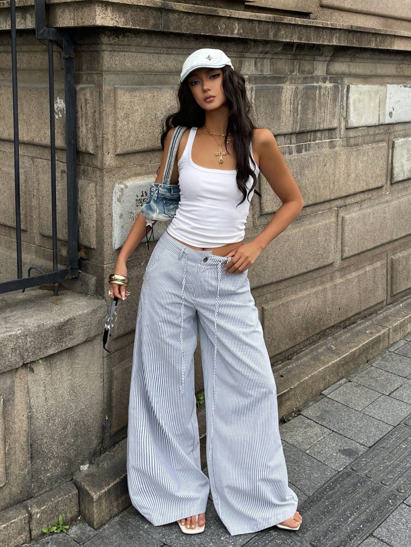 Coolane Women's Summer Streetwear Casual Basic Daily Wear Graphics Striped Comfortable Baggy Low Rise Straight Pants Wide Leg Woman High Waist