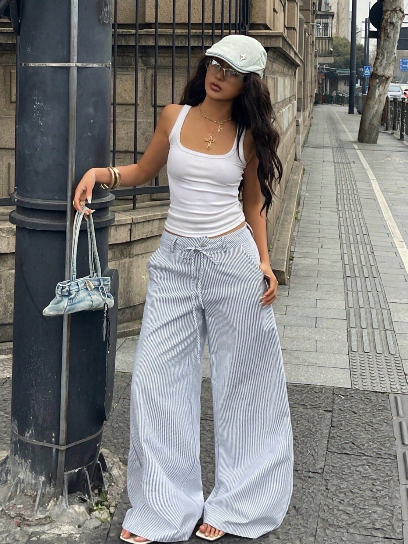 Coolane Women's Summer Streetwear Casual Basic Daily Wear Graphics Striped Comfortable Baggy Low Rise Straight Pants Wide Leg Woman High Waist