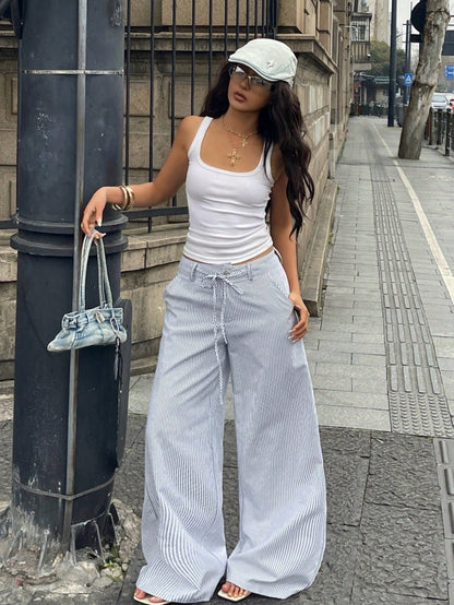 Coolane Women's Summer Streetwear Casual Basic Daily Wear Graphics Striped Comfortable Baggy Low Rise Straight Pants Wide Leg Woman High Waist