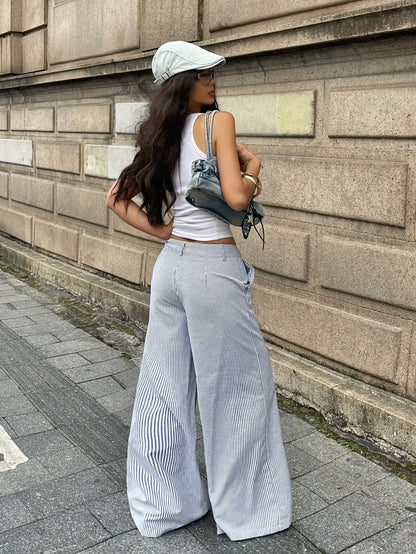 Coolane Women's Summer Streetwear Casual Basic Daily Wear Graphics Striped Comfortable Baggy Low Rise Straight Pants Wide Leg Woman High Waist