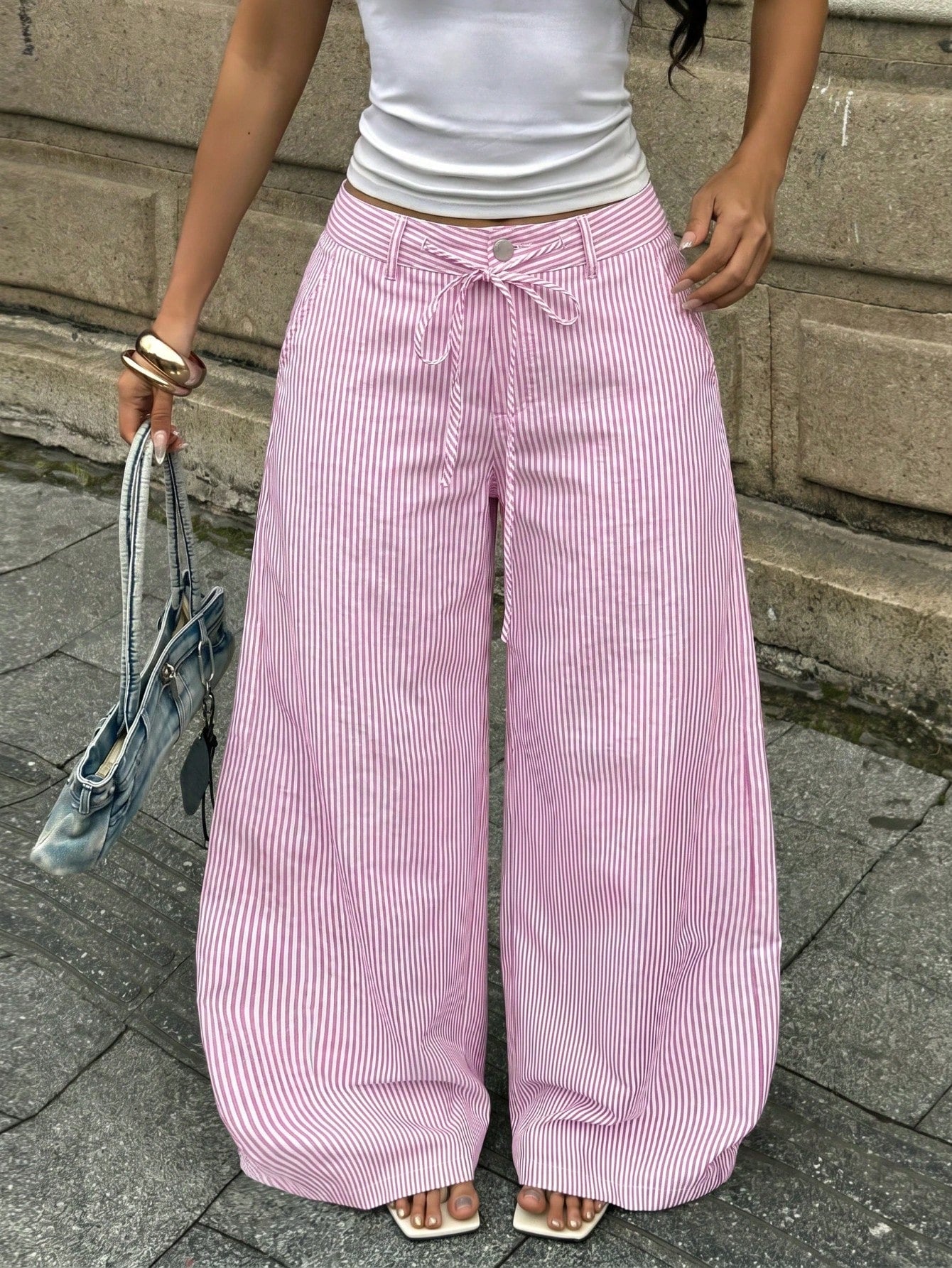 Coolane Women's Summer Streetwear Casual Basic Daily Wear Graphics Striped Comfortable Baggy Low Rise Straight Pants Wide Leg Woman High Waist
