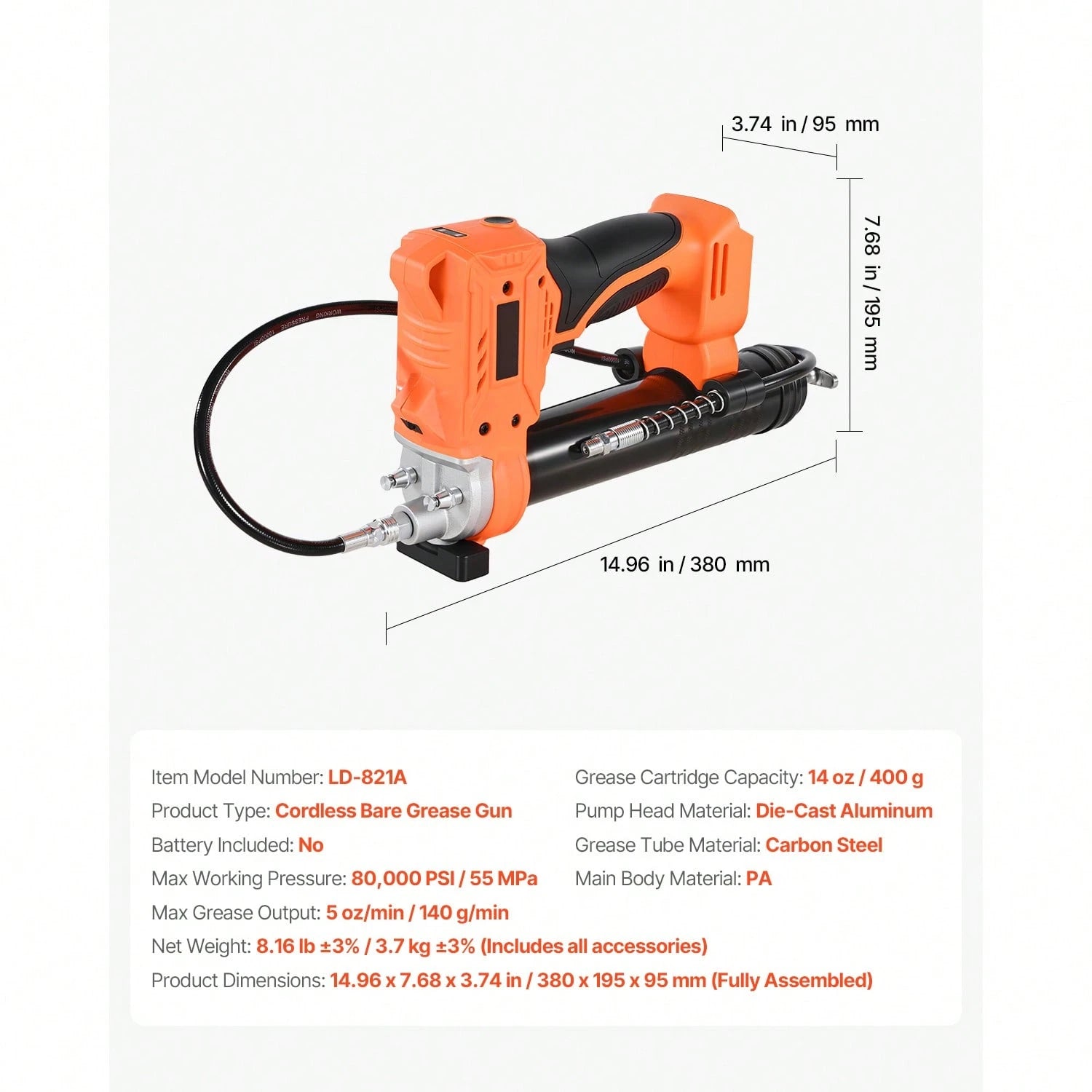 Cordless Grease Gun, 8000 PSI Max Pressure, Battery Operated Grease Gun With LED Light & 35.4-Inch Long Hose, Compatible With 18V Makita Batteries, For Greasing Vehicles Or Machines(Tool Only)