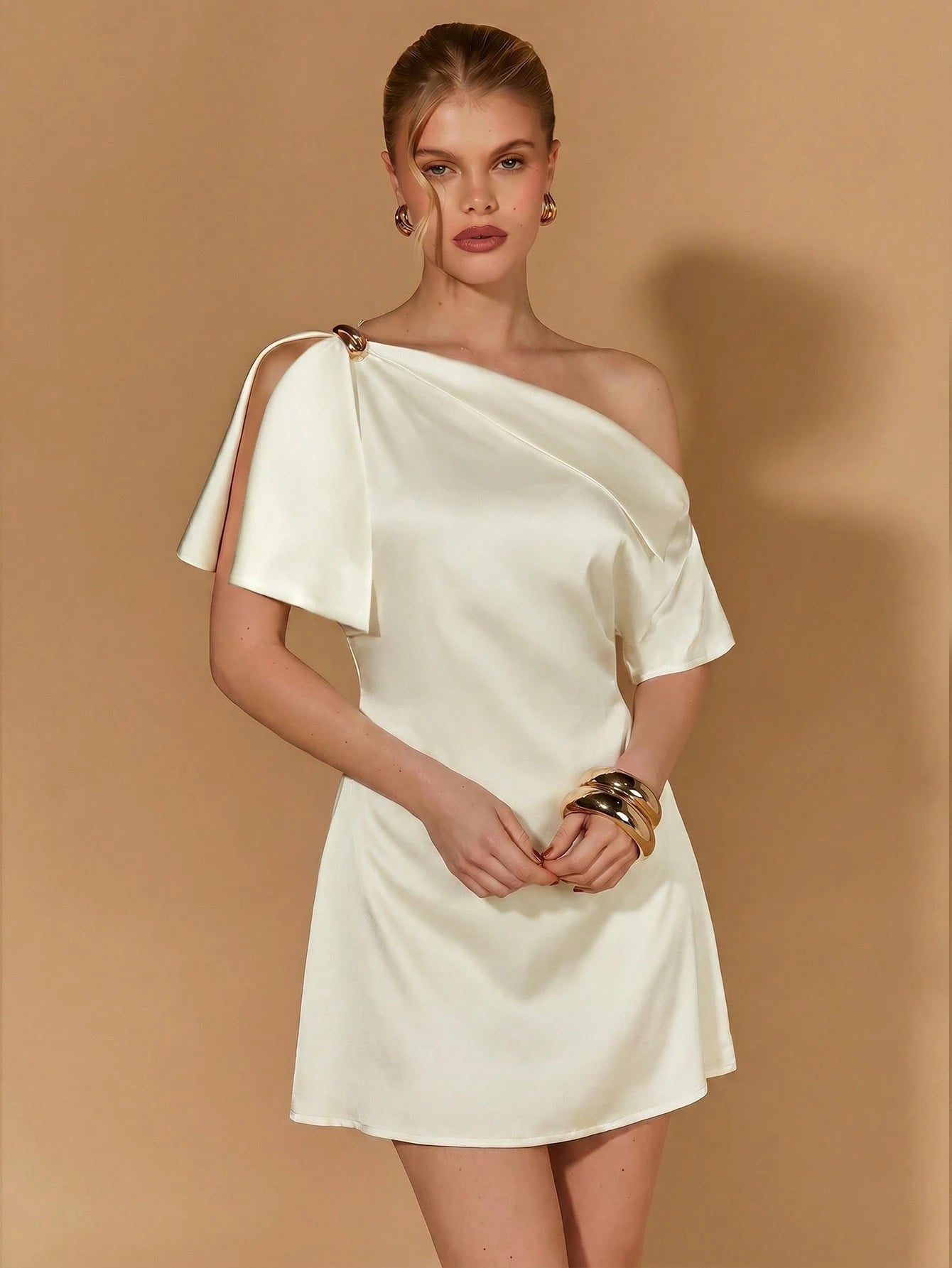 COSMINA Women's New Elegant Sexy Alt Satin Mini Dress/Party Night Out Bar Party Pool Party Dress/Formal Occasion Cocktail Dress Cream White Summer