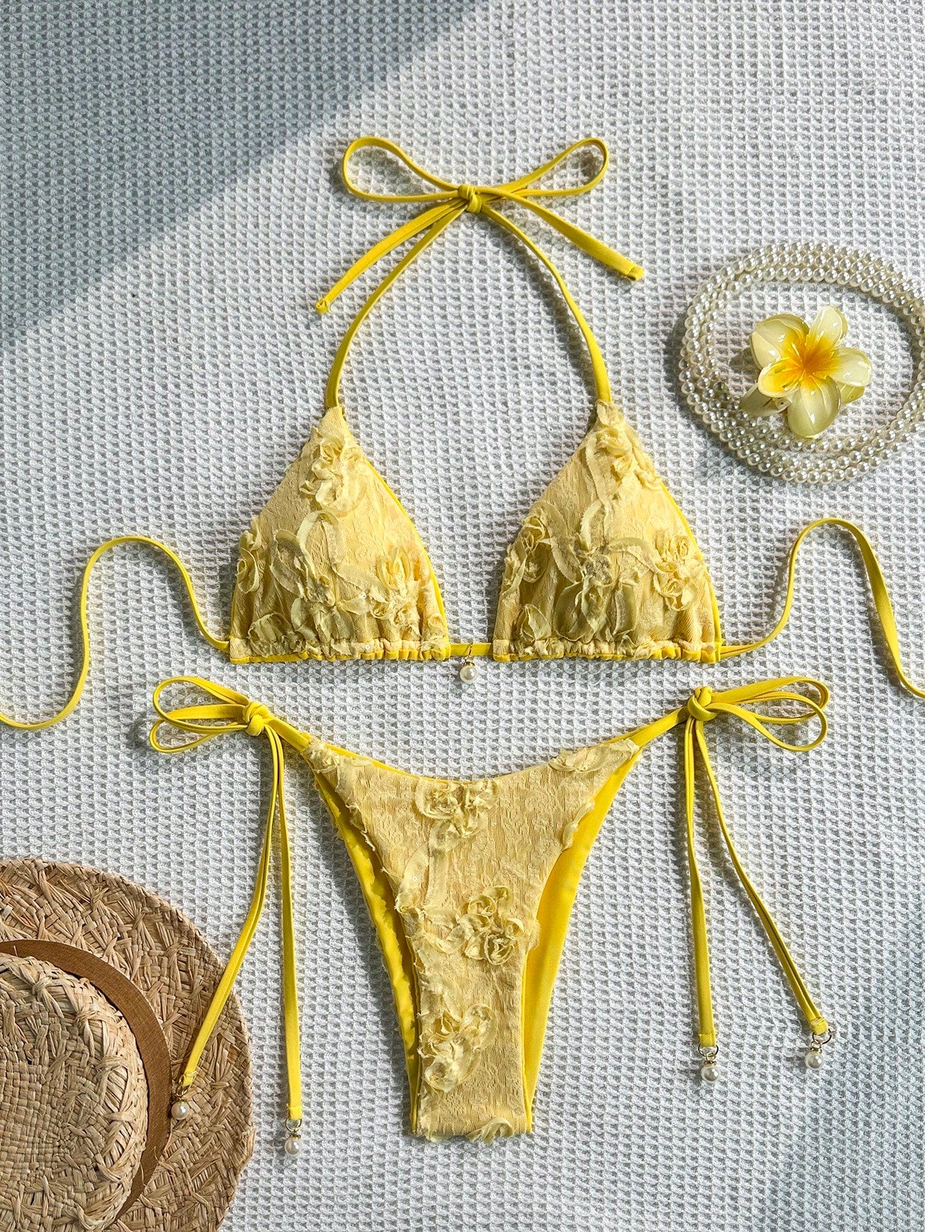 Costavie 2-Piece Bikini Set, Spring/Summer Beach Vacation, Sequin Textured Fabric With Faux Pearl Accents, Halter Triangle Top And Side-Tie Bottoms, Sexy Bikini Set