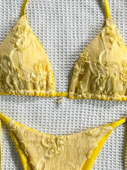 Costavie 2-Piece Bikini Set, Spring/Summer Beach Vacation, Sequin Textured Fabric With Faux Pearl Accents, Halter Triangle Top And Side-Tie Bottoms, Sexy Bikini Set