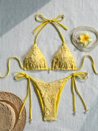 Costavie 2-Piece Bikini Set, Spring/Summer Beach Vacation, Sequin Textured Fabric With Faux Pearl Accents, Halter Triangle Top And Side-Tie Bottoms, Sexy Bikini Set